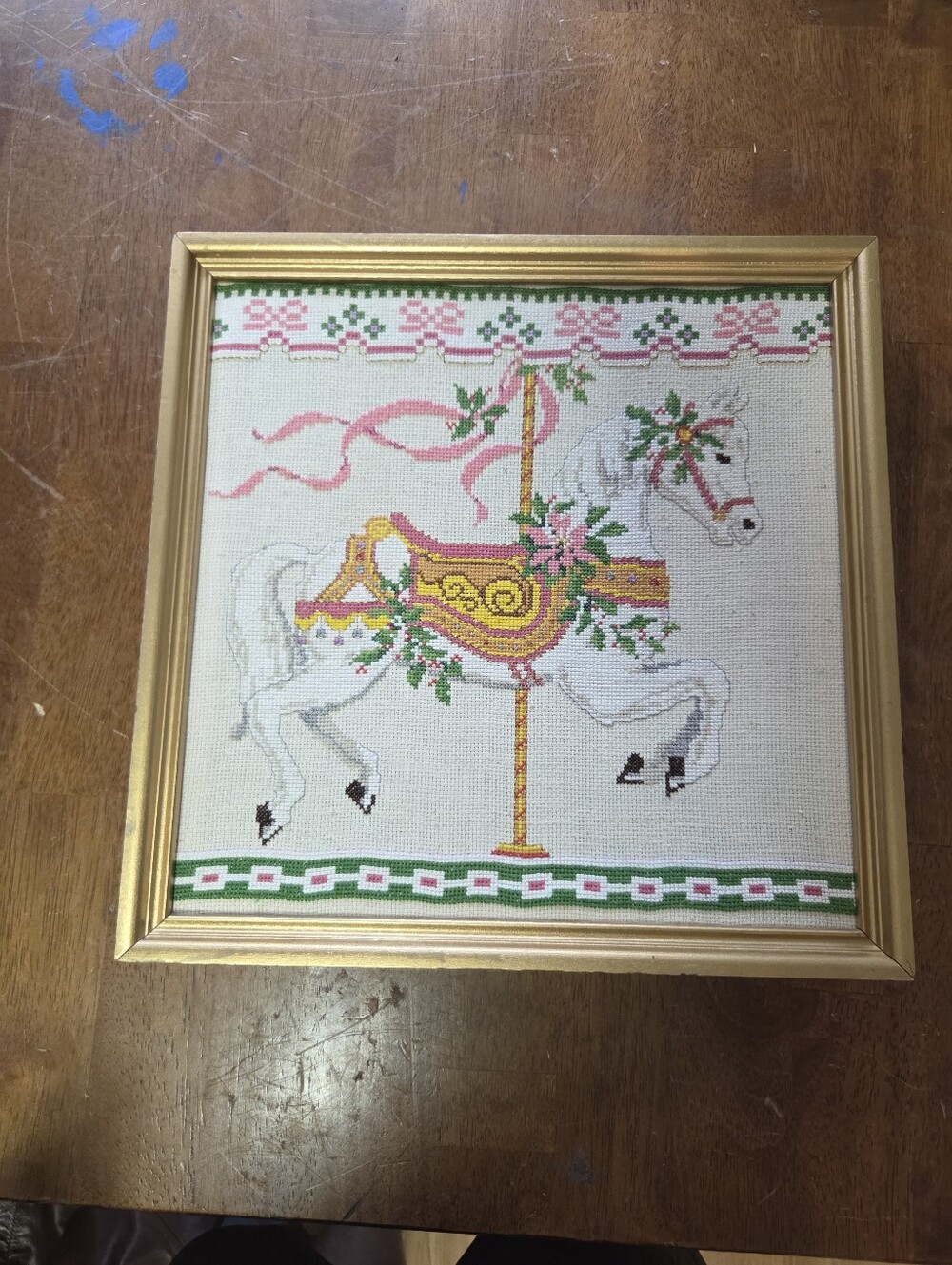 Vintage 1988 Creative Circle Carousel Horse Finished Cross Stitch Framed Holiday